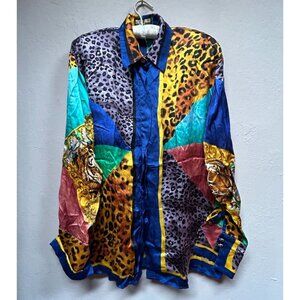 Vintage Marshall Rousso Mixed Animal Print Silk Blouse Top Medium Long Sleeve